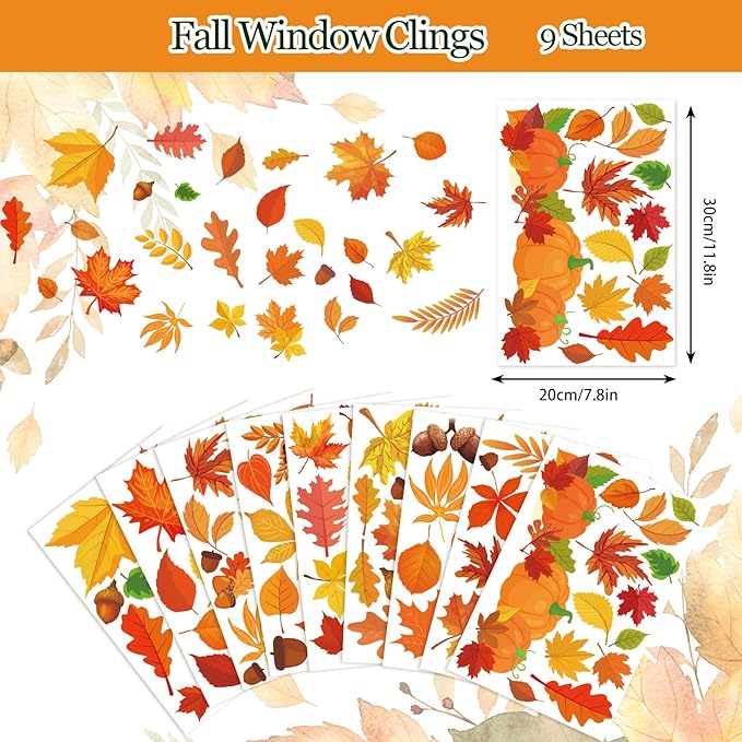 Whaline 124Pcs Fall Window Clings Colorful Maple Leaves Pumpkin Pine Reusable Window Decals for Autumn Thanksgiving Harvest Party Seasonal Holiday Home School Supplies