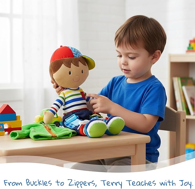 June Garden 15.5" Dressy Friends Terry - Educational Stuffed Plush Doll for Kids and Toddlers 2 Years and Up - Montessori Buckle Soft Toy