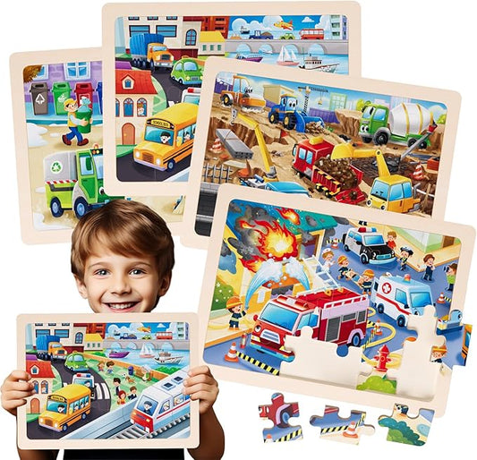 Jigsaw Puzzles Wooden Puzzles for Kids Ages 3-5 Preschool Educational Toddlers Toys Construction Vehicle Puzzle Fire Truck Urban Transportation Sanitation Truck Gifts for 3 4 5 6 Year Old Boys Girls