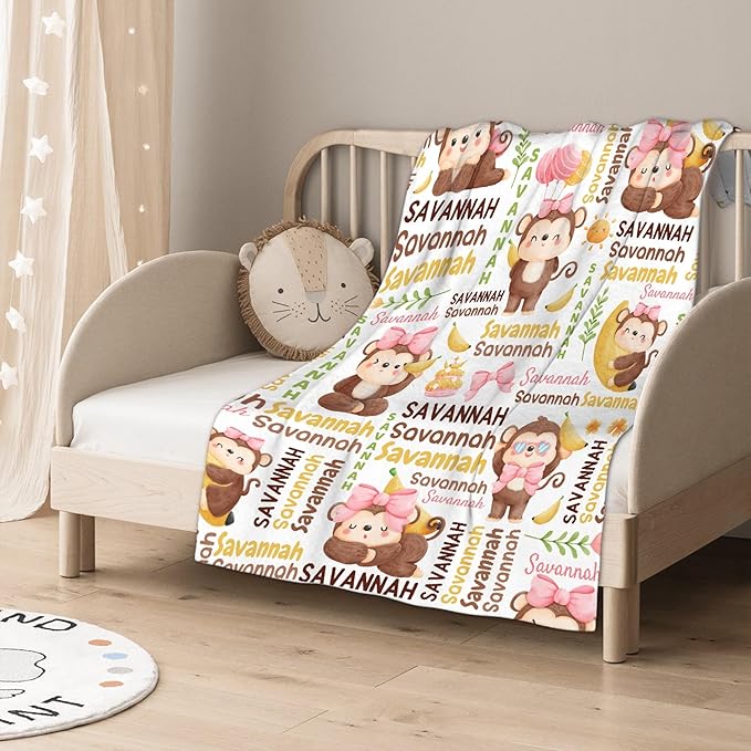 Personalized Baby Blanket for Girls Boys Kids Monkey Custom Baby Blanket with Name Throw Birthday Gift for Toddlers Infants Shower Newborns Nursery Stroller Crib Bed Decor