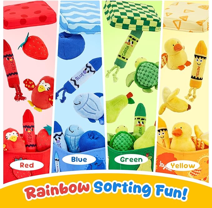 JoyCat Baby Toys 6-12 12-18 Months, Montessori Sensory Toys for 1 Year Old, 12 PCS Pushies with 4 Color Sorting Boxes, Animals Fruit Crinkle Crayon - Whats Inside Boy Girl