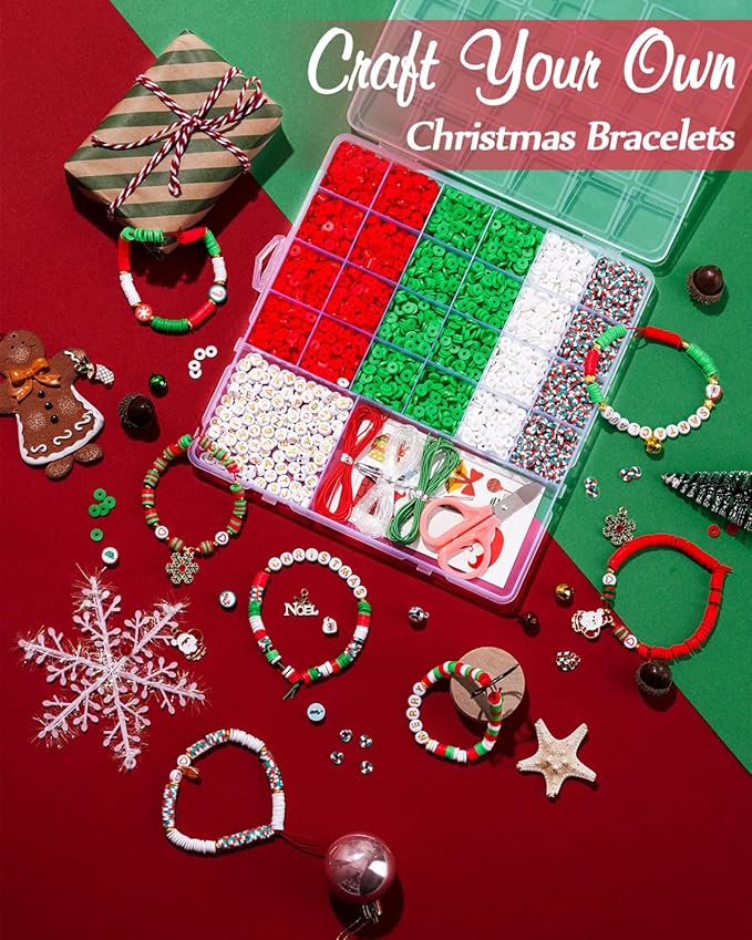 Goldwise Christmas Friendship Bracelet Kit-Christmas Clay Beads and White Letter Beads (A-Z) for Jewelry Making,Varieties of Charms for Bracelets, DIY Gifts