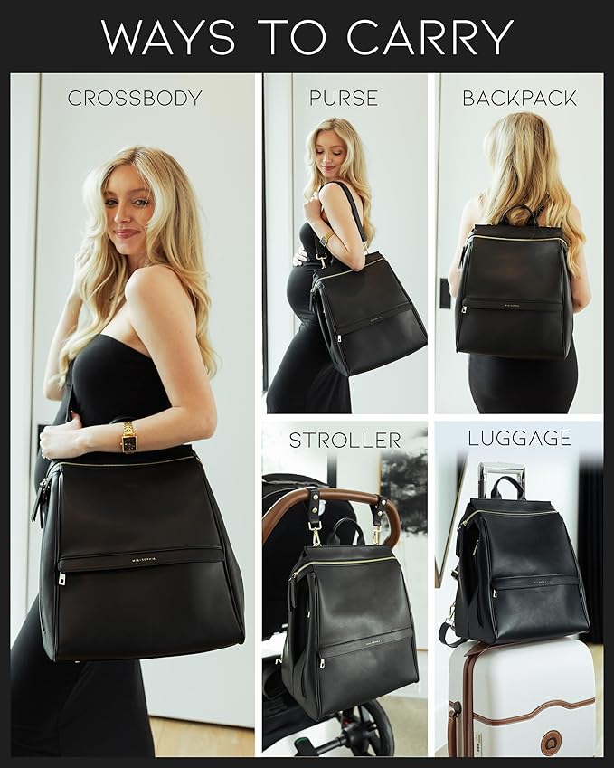 MIA + SOPHIA Leather Diaper Bag Backpack with USB Charging port, Changing Pad, Stroller Straps, and Bottle Holder (Black Sophia)