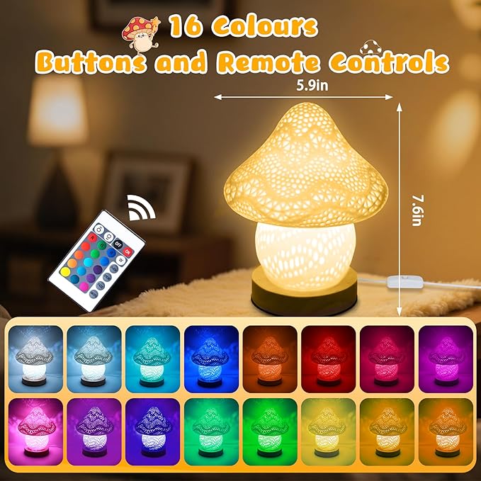Mushroom Lamp, Night Light for Kids Bedroom,16 Colors LED Kawaii Lamp with Remote, 3D Mushroom Decor Cute Mini Bedside Table Lamp, Birthday & Christmas Gifts for Girls Boys