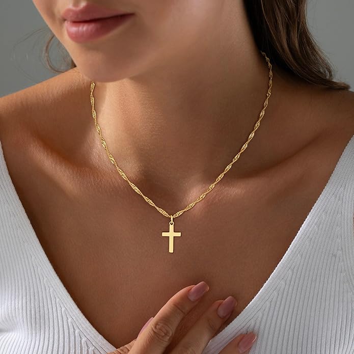 Cross Necklace for Women Trendy - Dainty 18K Real Gold Plated Minimalist Cross Necklace Non Tarnish Waterproof Trendy Cute Simple Small Necklaces Easter Christian Religious Faith Jewelry Gifts
