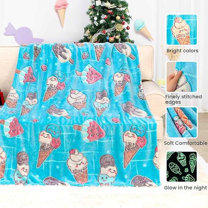 Glow in The Dark Ice Cream Blanket Blue Throw Blanket Food Blanket Unique Birthday Gifts for Girls Teens Kids Funny Blankets for Couch Sofa Bed