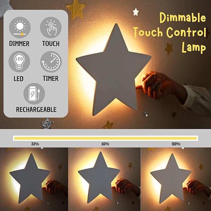 Nursery Night Light – Dimmable Star Wall Light for Newborns & Toddlers Nursery Decor – Rechargeable LED Light with Touch Control for Kids' Safety (Moon & Stars Decals Included)