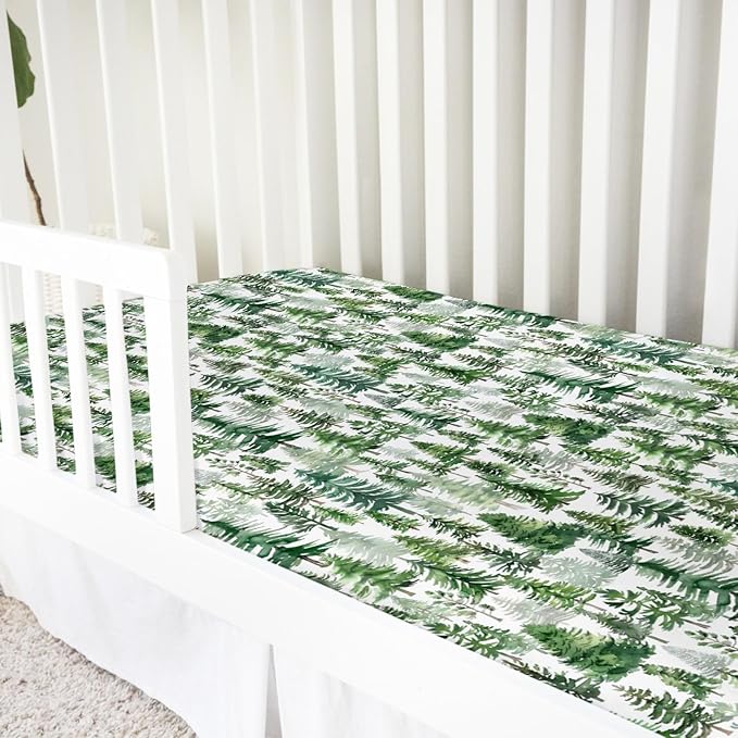 Watercolor Green Pines Baby Crib Sheet 52''x28'' Pine Trees Snug Fitted Crib Mattress Cover for Boy Girl Winter Soft Baby Bed Sheet for Standard Crib and Toddler Mattresses