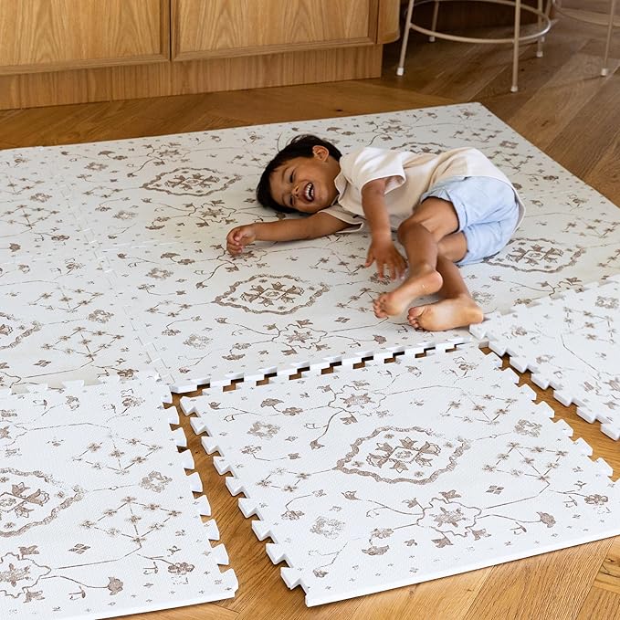 Lillefolk Baby Play Mat for Floor – 6x6ft Vintage Coffee | Soft Non Toxic Premium EVA Foam Tiles for Tummy Time, Crawling & Playroom – Waterproof Floor Mat for Babies & Toddlers (9 Tiles)