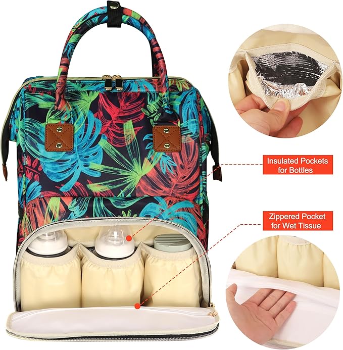 Diaper Bag Backpack Multi-Function Baby Bag With Large Capacity and Insulated Pockets Diaper Backpack Organizer Bag for Mom/Dad, Leaf