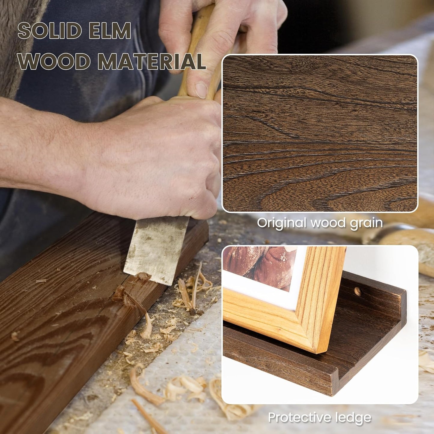 Fun Memories Picture Ledge Shelf, 36 Inch Floating Shelves for Wall, Nursery Bookshelf for Storage, Rustic Elm Wood Photo Ledge Shelves for Bedroom, Living Room, Kitchen (Walnut, 36in Set of 2)