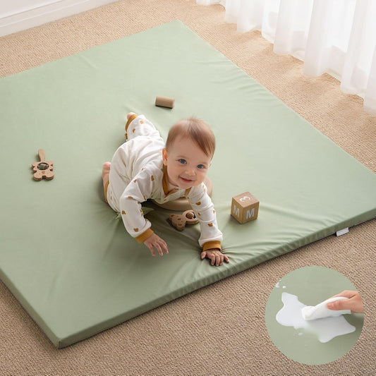 Blissful Diary Vegan Leather Baby Play Mat, 47x47 Thicken Foam Cushioned & Waterproof Playpen Mat for Infants and Toddlers, Stylish and Just Wipe-Clean Playmat for Baby Play on Floor, Light Green