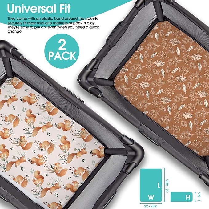 Pack n Play Sheets, BROLEX 2 Pack Mini Crib Sheets,Stretchy Portable Fitted Playard Sheet Set, Convertible Playard Mattress Cover,Ultra Soft Breathable Material,Squirrel & Foliage