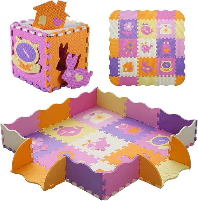 Foam Play Mat for Kids，25Pcs Square Interlocking Puzzle Floor Mat，Baby Play Mat Floor Mat Foam Puzzle Playmat for Toddlers with Fence - 9 Different Animal