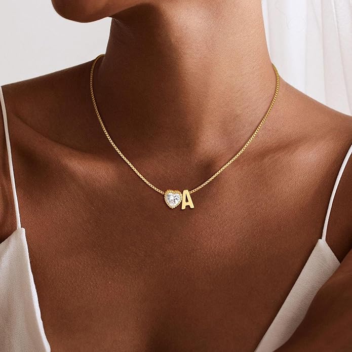 Christmas Gifts Gold/Silver Heart Initial Necklaces for Women Girls Teens Kids Non Tarnish 14k Gold Plated Letter Heart Zirconia Pendant Necklace Dainty Initial Name Necklace Jewelry for Women
