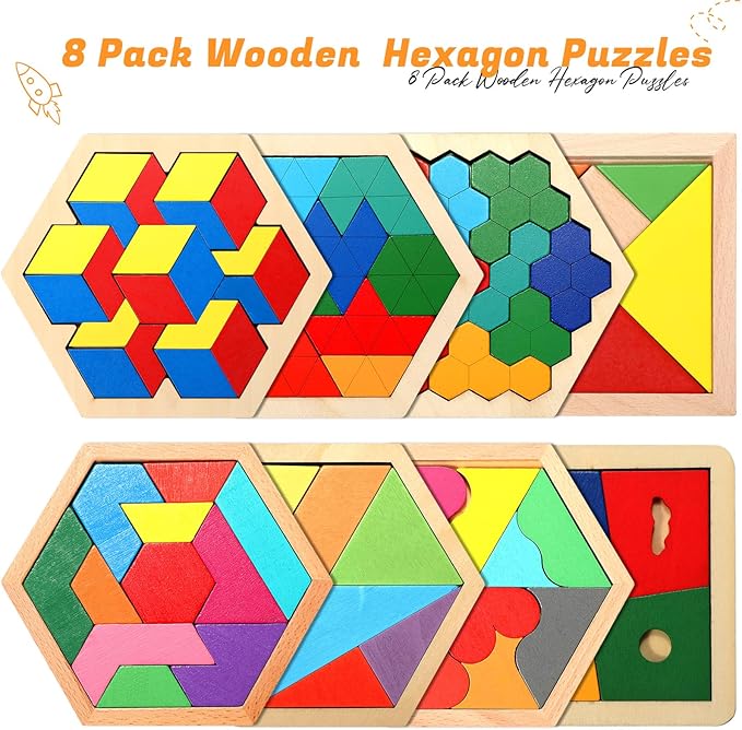 Jerify 8 Pack Wooden Tangrams Puzzles Wooden Hexagon Puzzles Blocks Geometric Tangram Jigsaw for Adults 3D Logic Intelligence IQ Game Gift