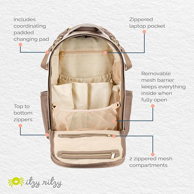 Itzy Ritzy Diaper Bag Backpack – Large Capacity Boss Plus Baby Backpack Diaper Bag Featuring 19 Pockets, Changing Pad, Stroller Clips, and Comfortable Straps (Vanilla Latte)
