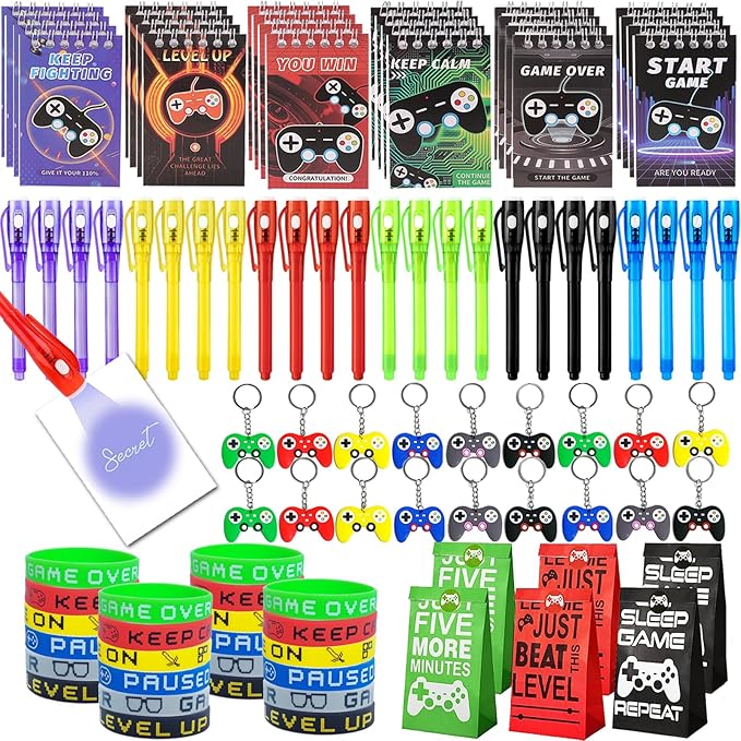 120 Pcs Video Game Party Favors Party Supplies Invisible Ink Pens Notebook Silicone Bracelet Gift Paper Bag Video Game Controller Keychain Birthday Supplies for Kids Gamer Party Favors