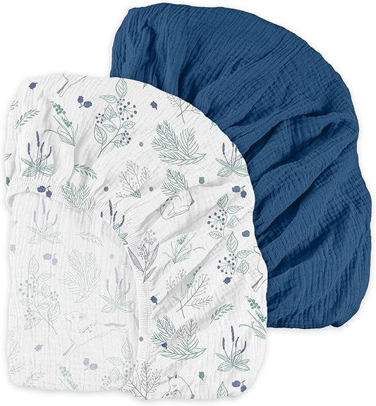 Muslin Mini Crib Sheets, 2 Pack for Baby Boy and Girl, Soft Breathable Stretchy Baby Pack N Play Mattress and Mini Cribs Sheet, Universal Fitted Portable/Mini Crib Mattresses (Blue Deer)