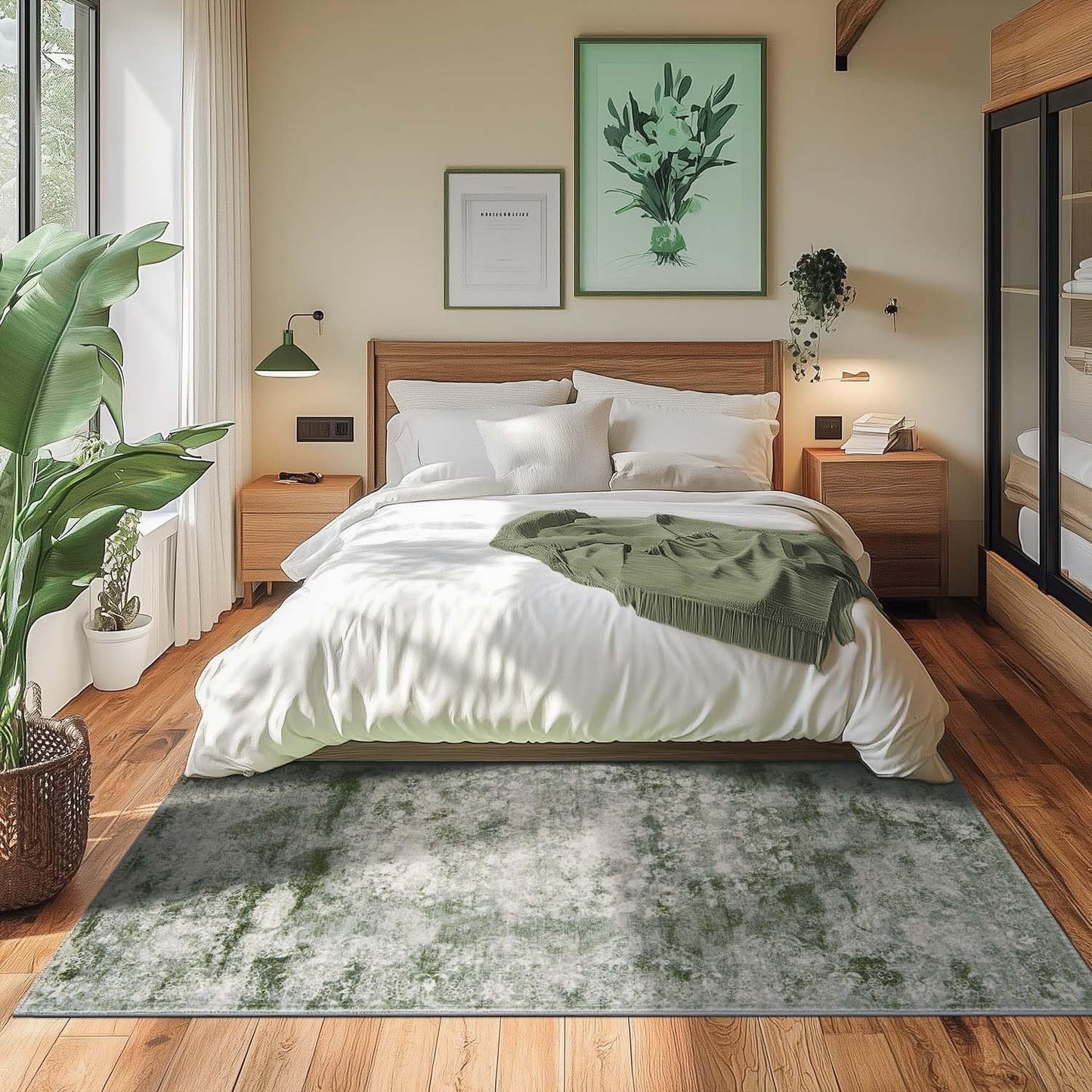 jinchan Washable Area Rug 6x9 for Living Room - Soft Faux Wool Ultra-Thin Stain Resistant Non-Slip Distressed Vintage Floral Rug Large Carpet for Bedroom,Dining Room,Home Office,Nursery(Green, 6'x9')