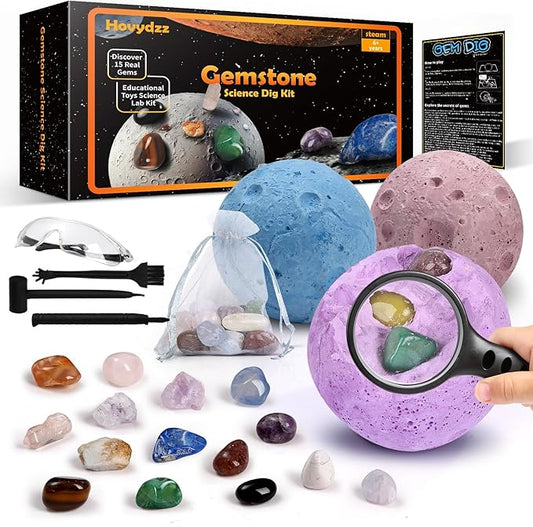 Gemstones Dig Kit, Science Kit for Kids, Dig up 15 Real Gems & Explore Solar System, STEM Educational Mining Space Toys, Archaeology Geology Science Experiments Gift for Boys&Girls Age 6-8-12