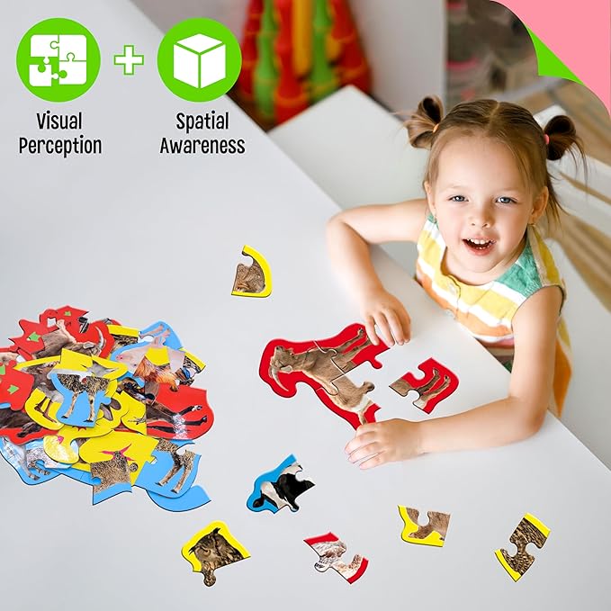 12 Pack Realistic Animal Puzzles, 48 Pieces Step-by-Step Animal Jigsaws, Farm Animal Jigsaw Puzzles with Back Footprint Guide Early Learning for Beginner Preschool Toddlers 3+