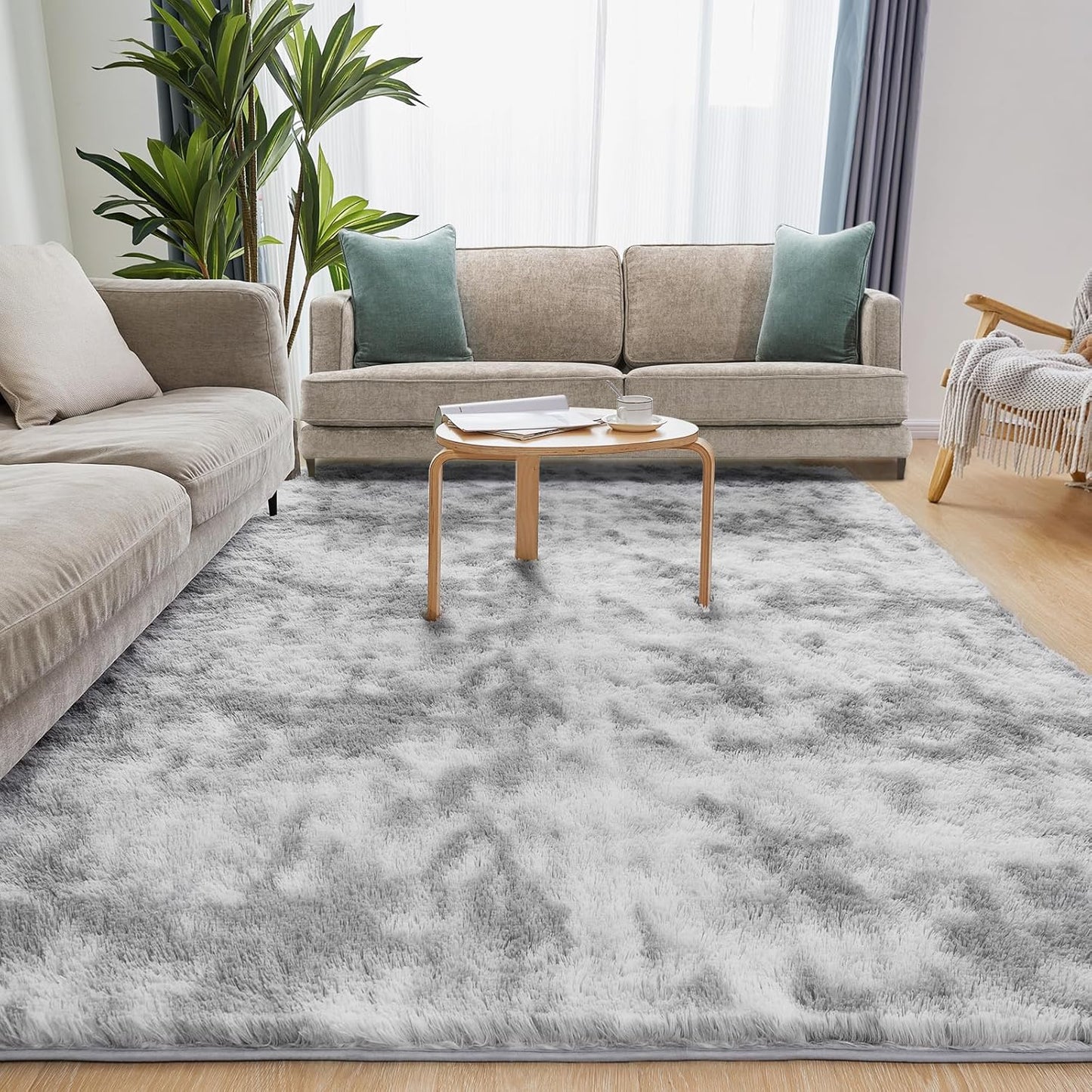 9x12 Area Rugs for Living Room, Ultra Soft Fluffy Rugs for Bedroom, Anti-Skid High Pile Indoor Carpet for Nursery, Study Room, Playroom, Home Decoration, Tie-Dyed Light Grey