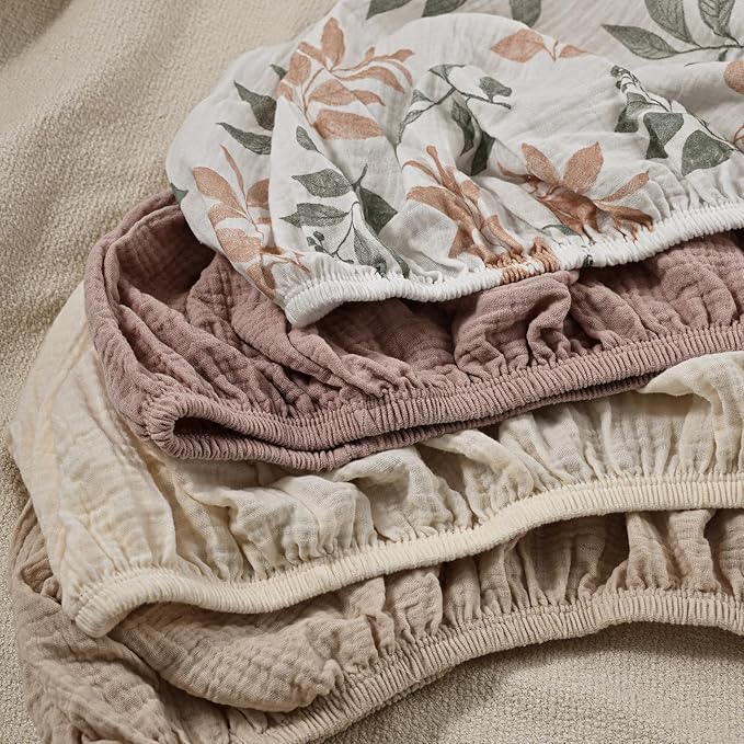 Muslin Bassinet Fitted Sheets, 2 Pack for Baby Boy and Girl, Soft Breathable Stretchy Baby Pad/Mattress Sheet Set, Universal Fit for Hourglass Oval and Rectangle Bassinet Mattress (Bright Leaves)