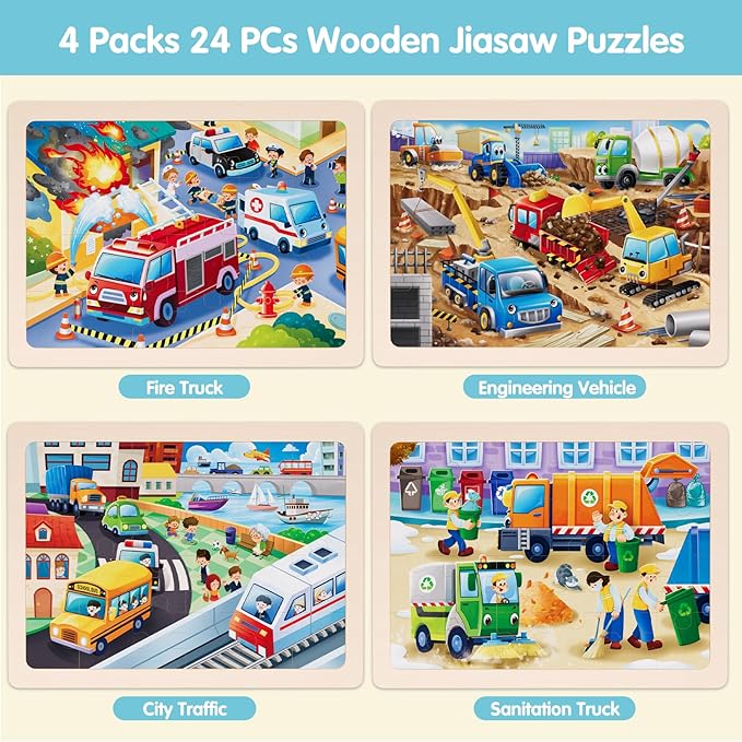 Jigsaw Puzzles Wooden Puzzles for Kids Ages 3-5 Preschool Educational Toddlers Toys Construction Vehicle Puzzle Fire Truck Urban Transportation Sanitation Truck Gifts for 3 4 5 6 Year Old Boys Girls
