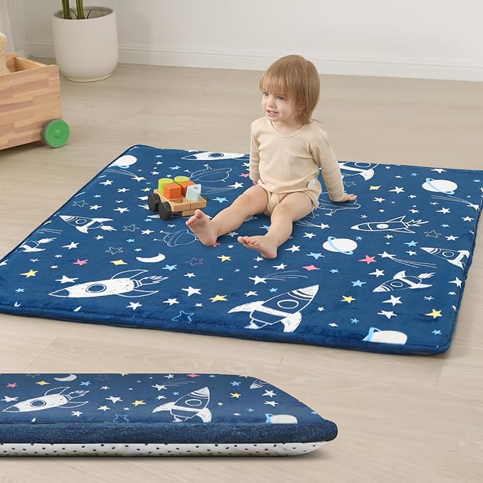 Baby Play Mat for Floor,1.3" Thick Cushioned Playpen Mat 50"x50",Extra Soft Elasti-Foam,Water Repellent Coral Velvet,Non-Slip for Crawling&Tummy Time,Infant Toddler Kids Nursery Rug(Space)