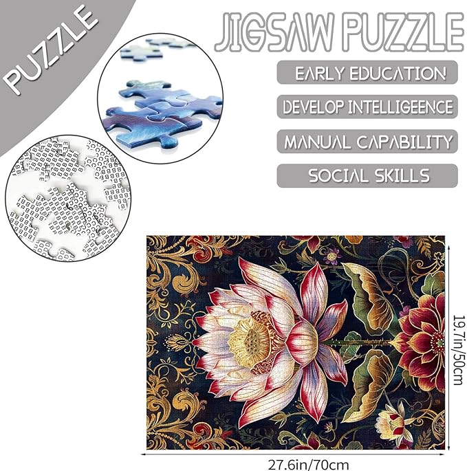 1000 Piece Jigsaw Puzzles for Adults Pink Lotus Flower Painting Jigsaw Puzzle Russian Palekh Style 1000 Pieces Puzzles Game Floral Landscape Art Wall Decor DIY Craft Puzzle Gift 20 x 27 Inch