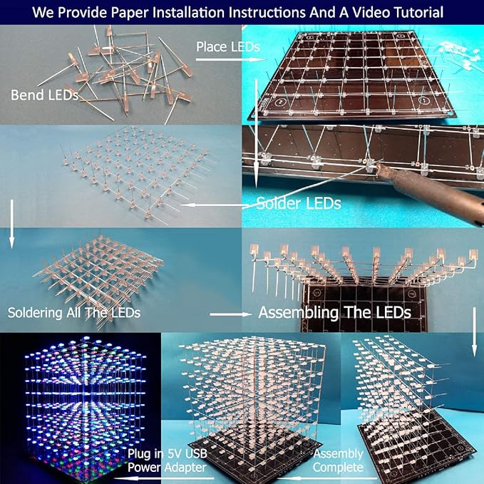 iCubeSmart 3D LED Cube DIY Electronics Kit 8x8x8 - Soldering Project and Learning Kit (3D8S-MULTI)