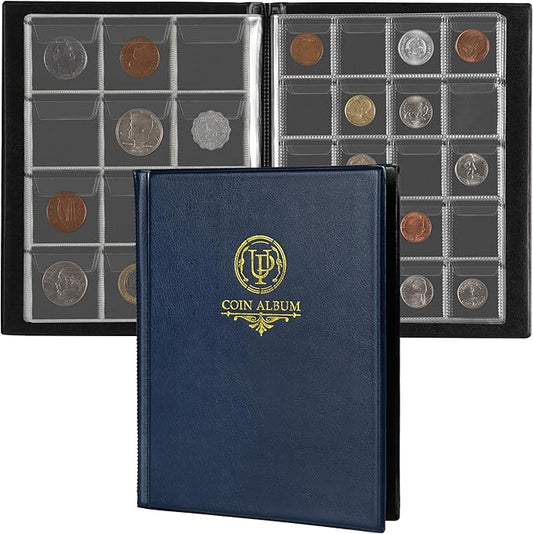 160 Pockets Coin Album - 10 Sheets Mixed Sizes Coin Holder 45x43/33x33 mm Collecting Grid for Pounds Pence Cents (Blue) CS48160BL