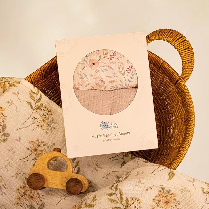 lulumoon Baby Muslin Bassinet Sheets: Skin-Friendly Floral Bassinet Sheets for Girls - Fitted for Oval Rectangle or Hourglass Mattress