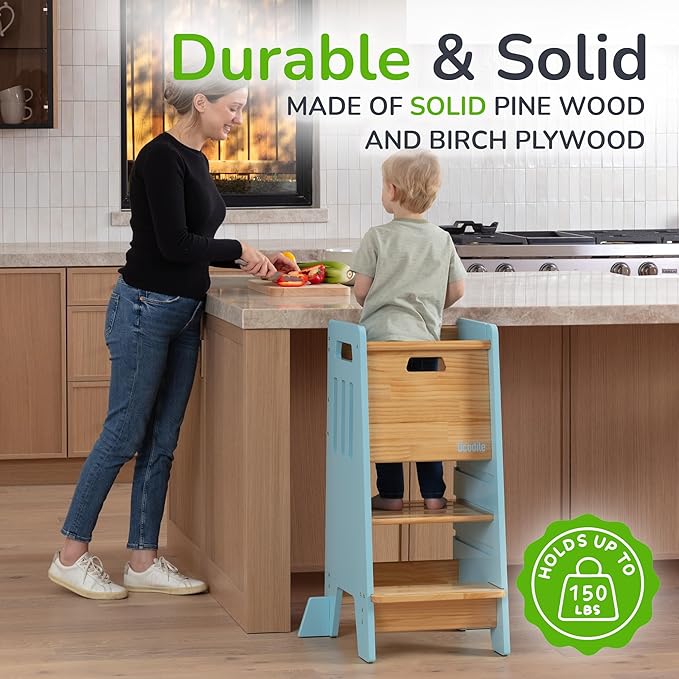 OCODILE Toddler Tower with a Sliding Door and 3 Adjustable Heights - Complete Toddler Kitchen Stool Helper with Support Feet - Safe Design for 18+ Months to 6-Year-Old Kids - Blue