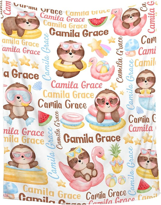 Personalized Baby Blanket for Girls Boys Kids Sloth Custom Baby Blanket with Name Throw Birthday Gift for Toddlers Infants Shower Newborns Nursery Stroller Crib Bed Decor