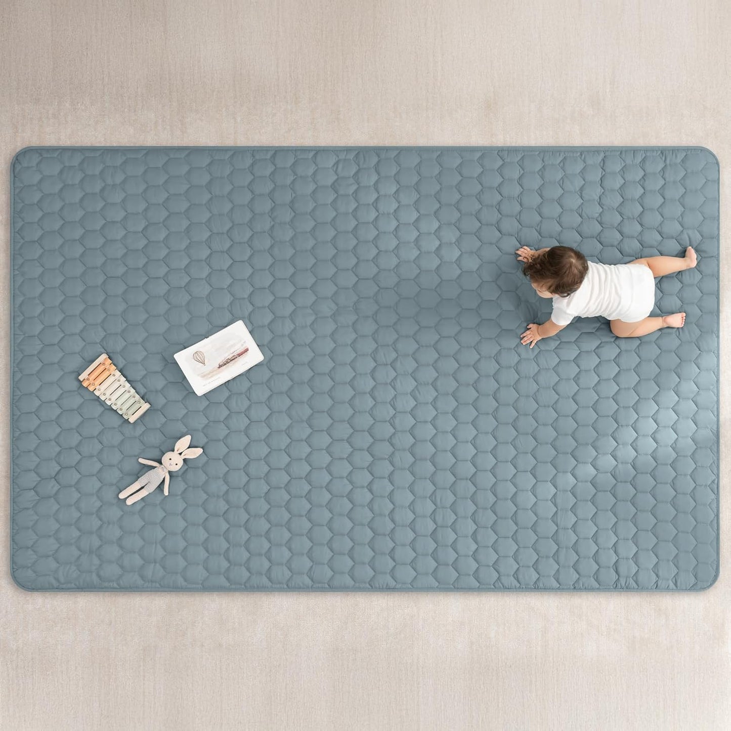 Comfy Cubs Rectangle Kids Play Mat - Large 60 x 96 inches Soft Quilted Baby Floor Mat with Non-Slip Bottom - Plush Design for Toddlers' Playtime and Relaxation - Comfortable and Durable - Pacific Blue
