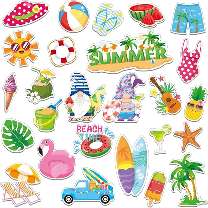 MARFOREVER 25 PCS Summer Window Thick Gel Clings Stickers Reusable Hawaiian Seasonal Window Clings Decals for Classroom Nursery Home Beach Summer Party Supplies Decorations