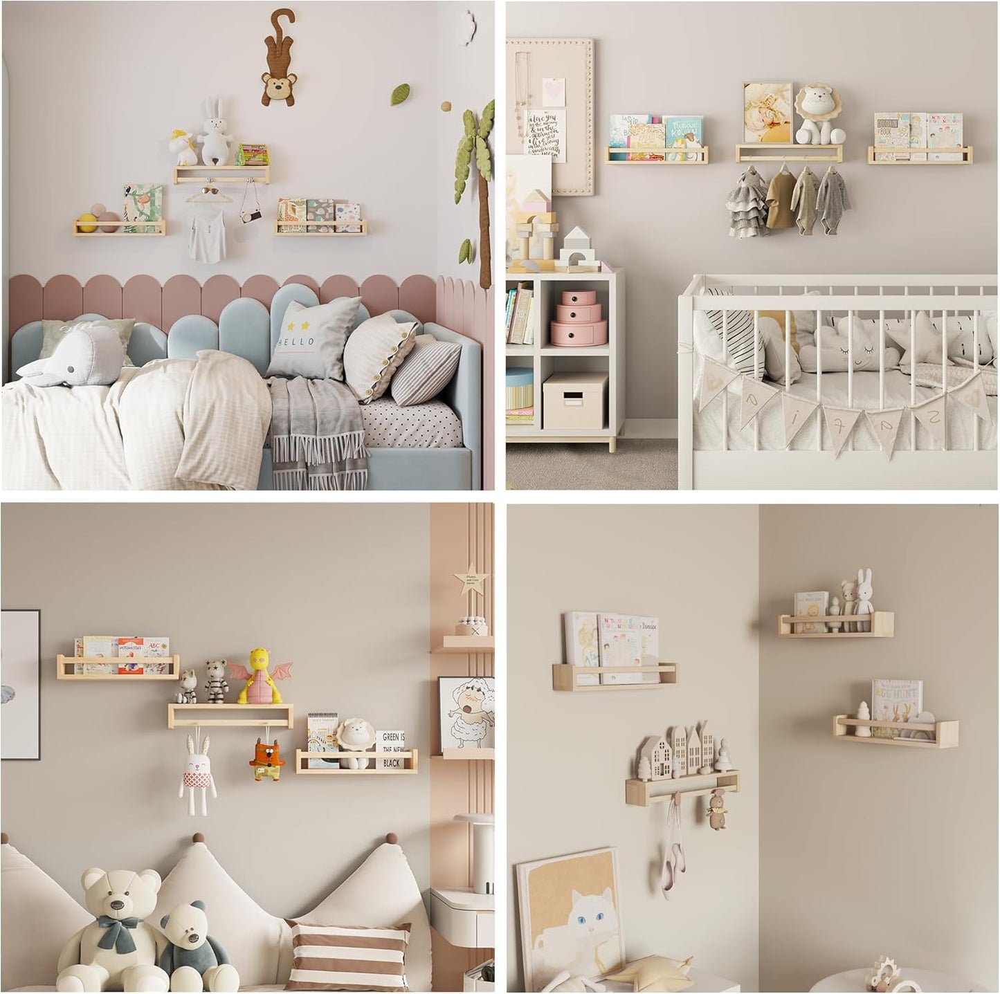 Heimlove Nursery Floating Shelves, Wood Nursery Book Shelves for Wall, 16 inch Wall Bookshelf for Kids Solid Wood Wall Mounted Shelves for Books,Toys and Decor Storage, Set of 3