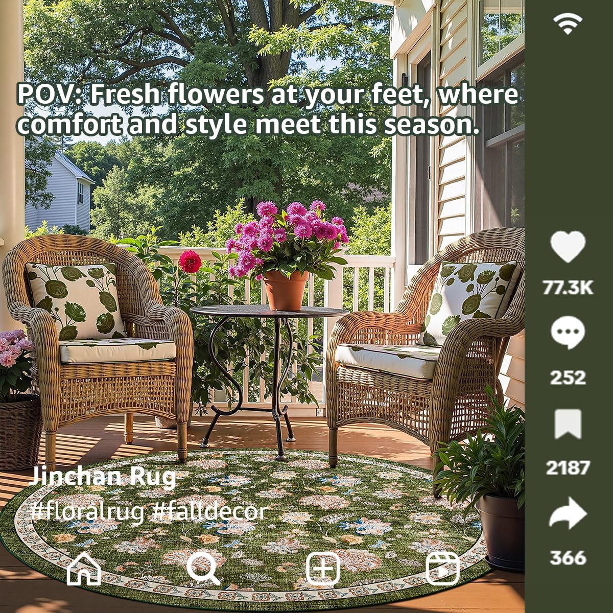 jinchan 4ft Floral Round Rug for Entryway Washable Kitchen Rug Vintage Romance Design Non Slip Indoor Doormat Lightweight Low-Profile Throw Carpet for Living Room Dining Room Bedroom, Green