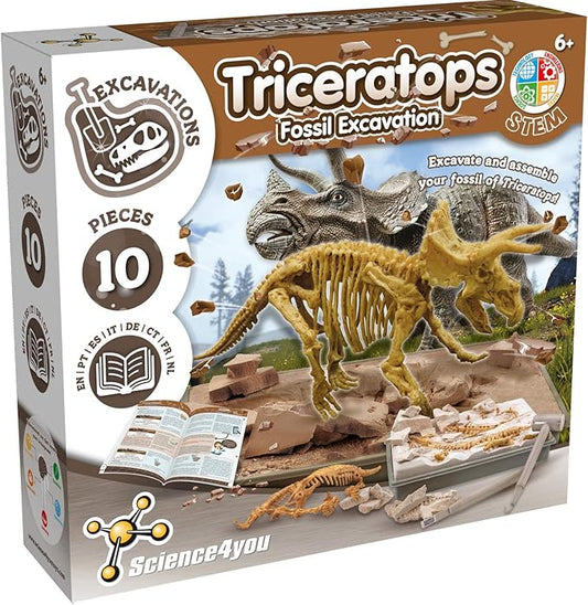 Science4you - Triceratops Fossil Digging Kit for Kids - Excavate and Assemble 10 Dinosaur Fossiles, Dinosaur Toys for Boys and Girls Age 6+, Dino Games, Dinosaur Gifts for 6+ Year Old Boys and Girls
