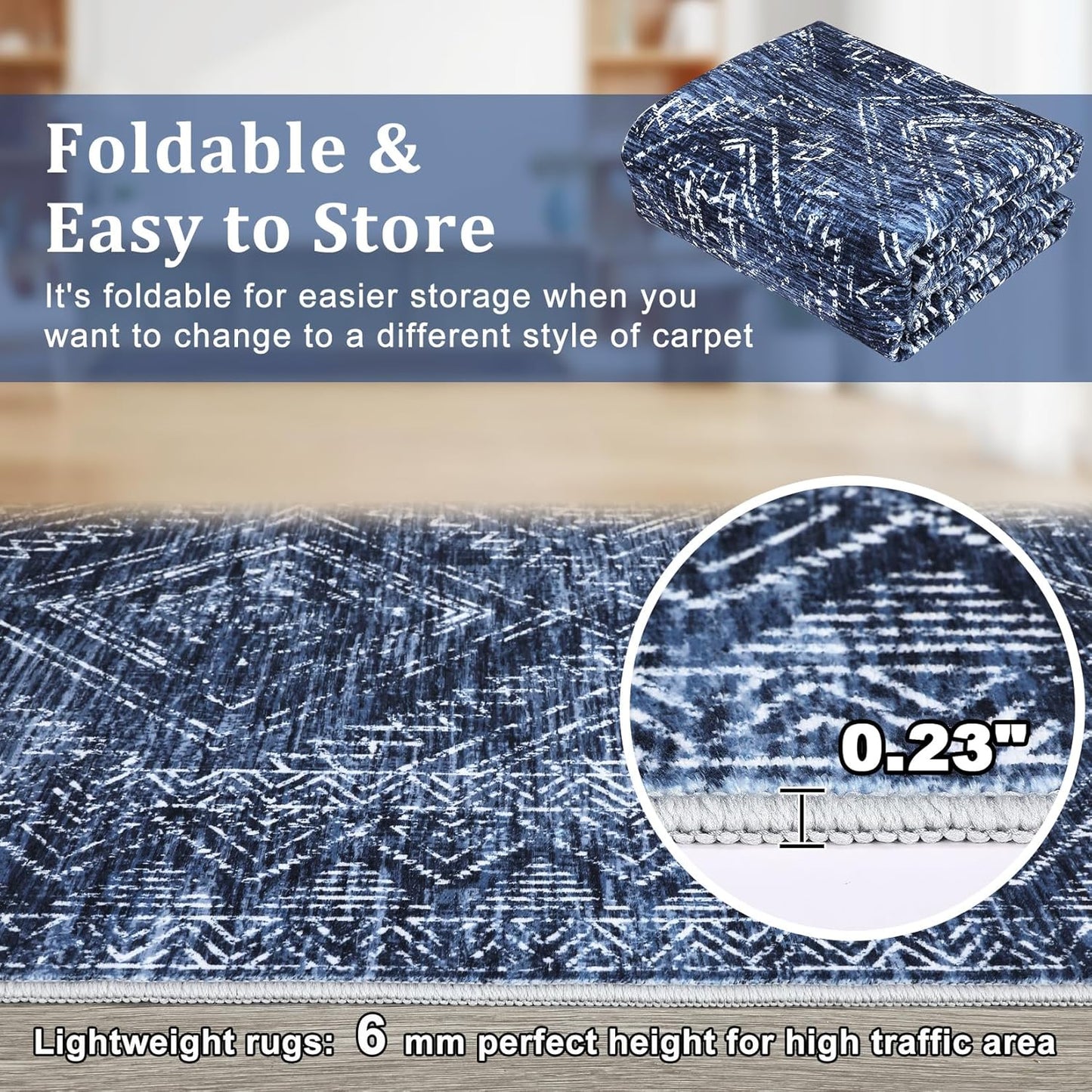 COZYLOOM Washable Runner Rug 2x8 Vintage Non Slip Low Pile Rug Soft Throw Floor Cover Geometric Tribal Foldable Indoor Carpet for Living Room Bedroom Hallway, Blue