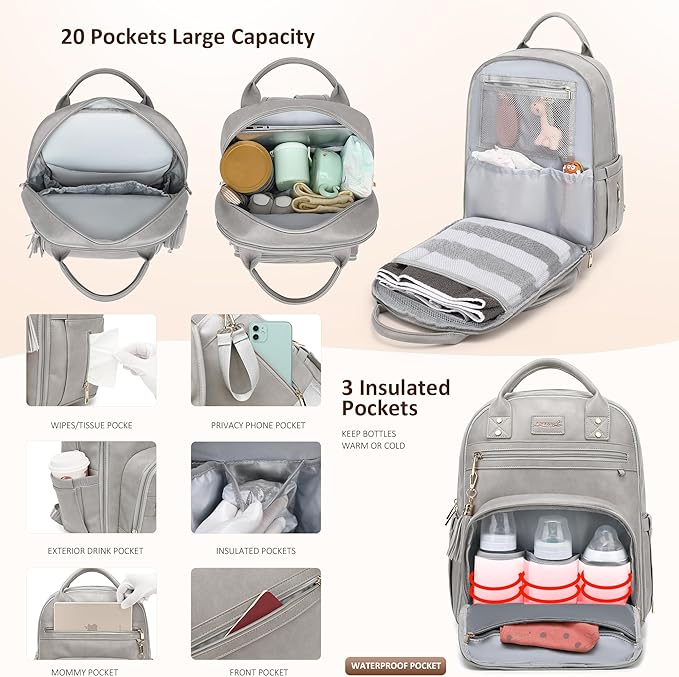 Premium Vegan Leather Diaper Bag Backpack with Waterproof Changing Pad, Reinforced Zippers & Odor-Free, 20 Pockets Pro Organizer, Fits 15.6" Laptop, Stroller Straps, Baby Bag for Mom, Grey