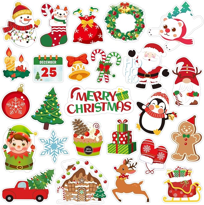 MARFOREVER 25 Pcs Christmas Window Gel Clings, Xmas Santa Claus Snowman Gingerbread Man Snowflake Penguin Thick Window Clings Decals for Classroom Nursery Home Christmas Holiday Party Decorations