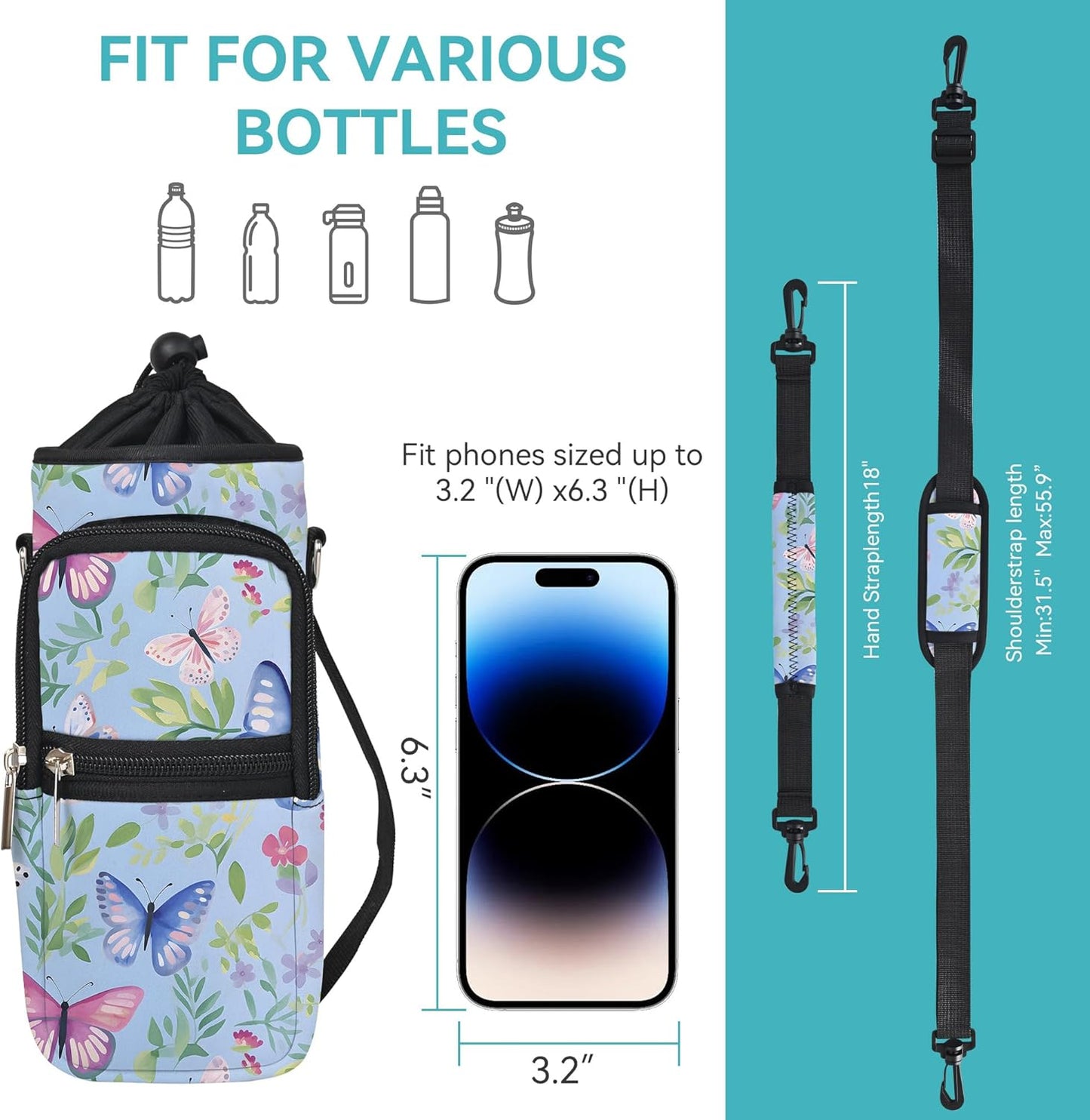 25/32/40/64oz Water Bottle Bag Holder Carrier-Insulated Crossbody Sling Case Sleeve with Strap & Pockets for Men Women Gym Cycling Travel Walking Hiking Camping