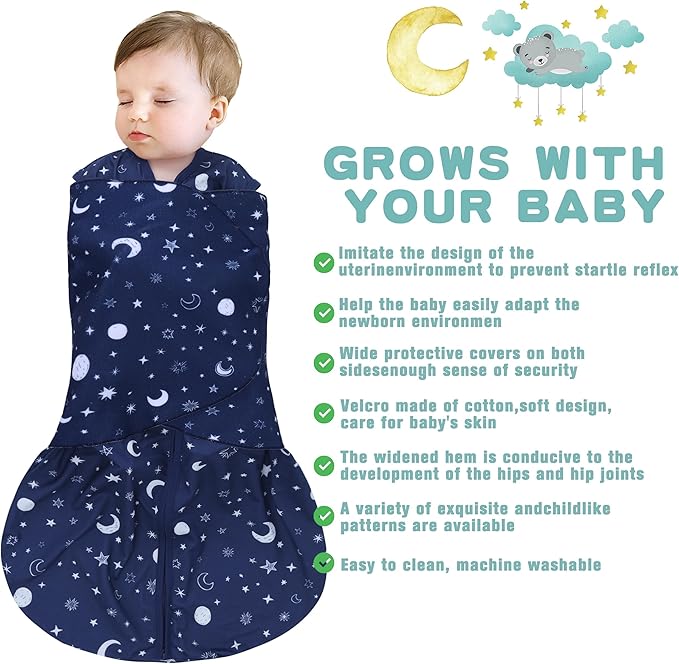 Newborn Sleep Sack Baby Swaddle,Swaddle me 0-3 Month,3-Way Adjustable Wearable Blanket,100% Rayon Cotton Swaddling Sleeping Bag，TOG 0.5 (Starry Sky, 0-3 Months)