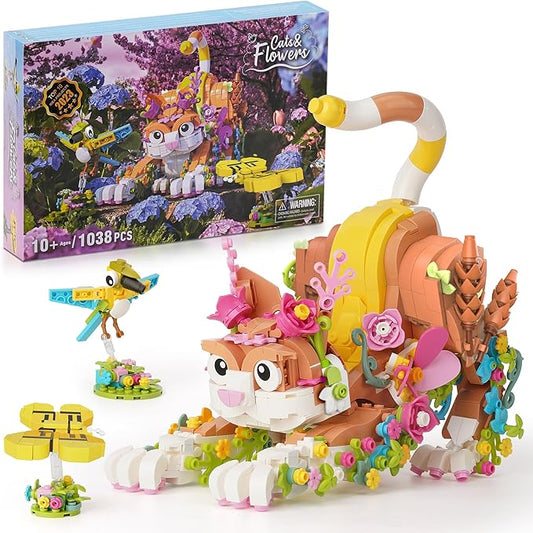 JOJO&Peach Cat and Flower Building Toy Set for Girls, Animals Plant Model Ideas Birthday for Women Adults Teens Age 8 9 10 11 12+ (1038 Pieces)