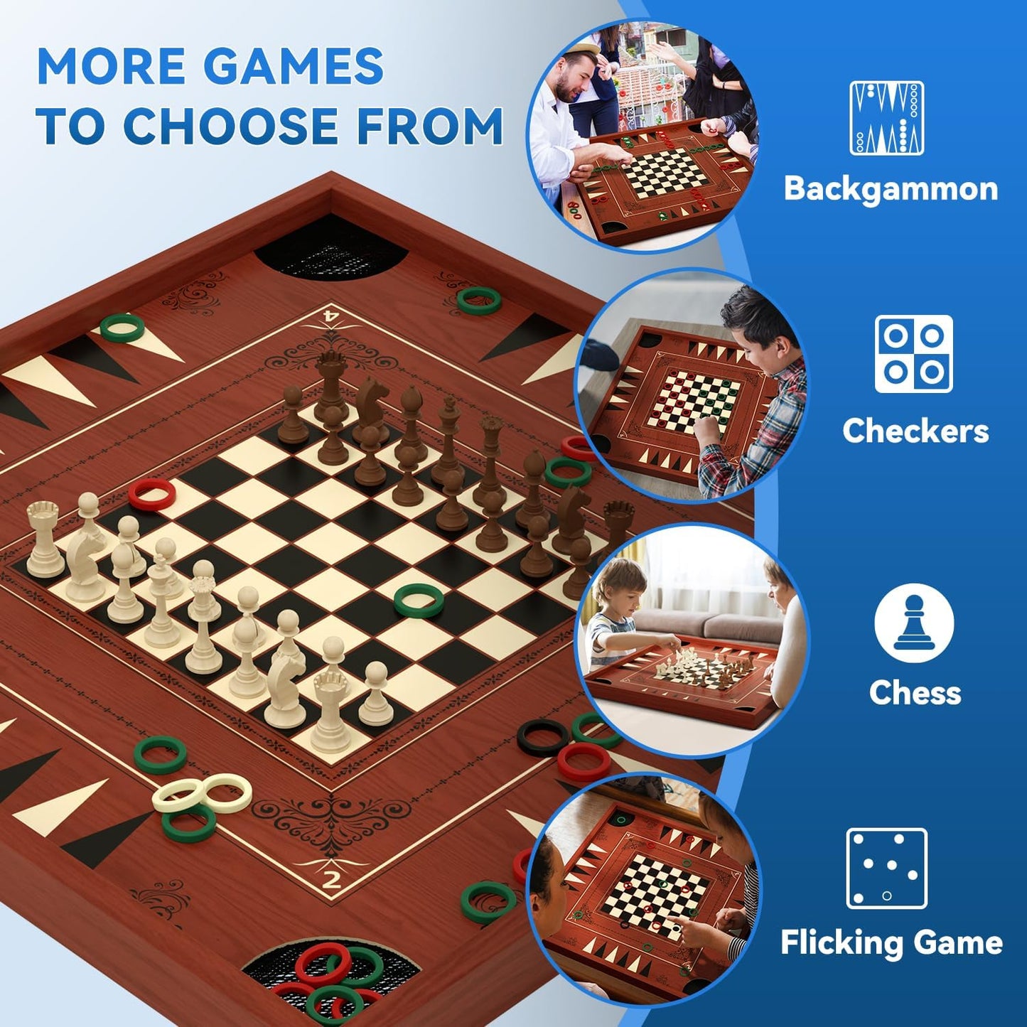 Board Game Set for Adults Family Night, 27.5 Inch Crokinole/Backgammon/Bowling Game/Tabletop Flicking Game with Discs, All in One Carron Board Game Set