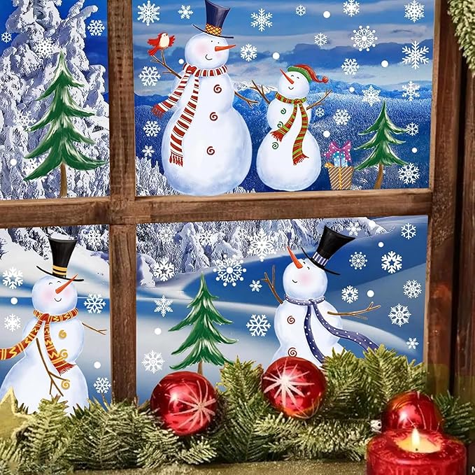 Snowman Window Clings, Christmas Windows Stickers, Snowflake Double-Side Window Clings for Glass, Xmas Windo Decals Christmas Decorations Indoor Holiday for Party