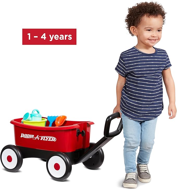 Baby Walker Wagon, Baby Toy Cart, Wagon for Kids, Toddler Toys, Radio Flyer Push & Pull Walker with Garden Tools, Red, for Ages 1-4 Years